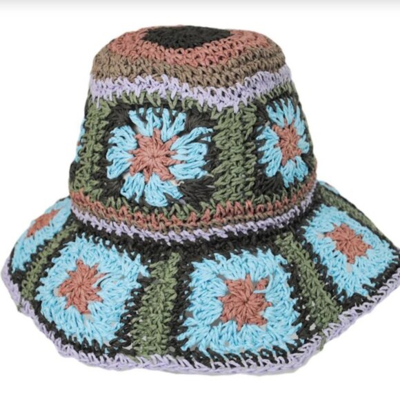 Fergie Granny Square Hand Crochet Toyo Straw Bucket Hat - Picture 2 of 4